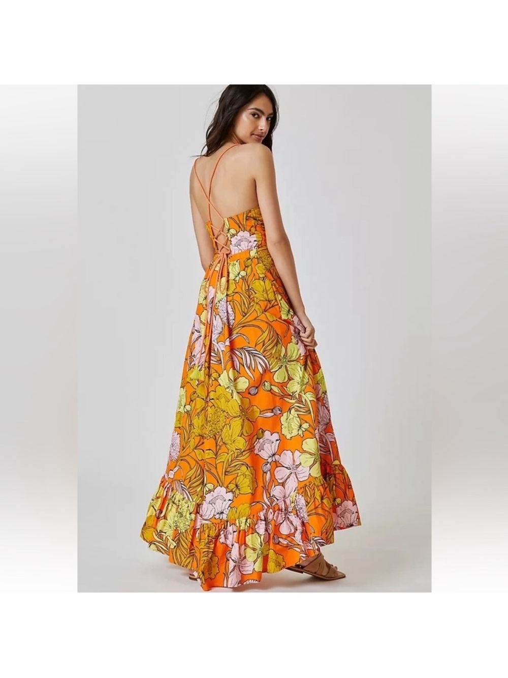 Anthropologie Orange Floral Lace-Up Maxi Dress